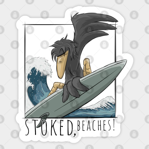 Stoked, Beaches! Surfer Crow Raven Surfing On Japan Wave Sticker by SkizzenMonster